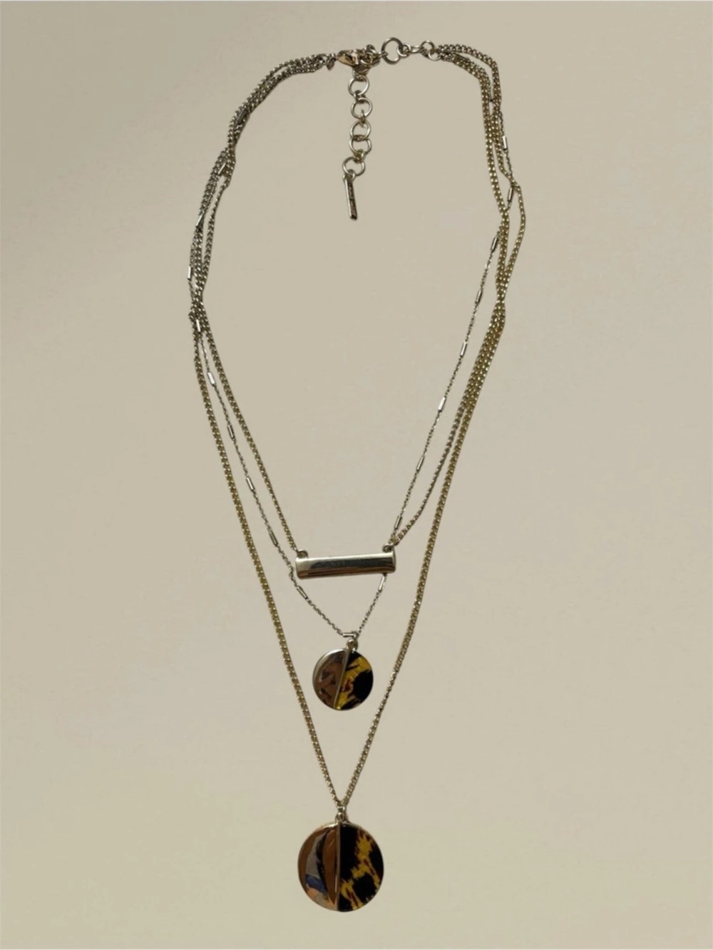 Nine West Gold Tone Faux Tortoise Shell Layered 3 Strand Bar & Disc Necklace